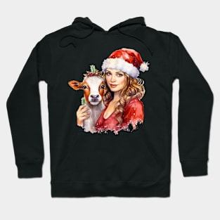 Farm Lady with Cow Celebrate Christmas Hoodie